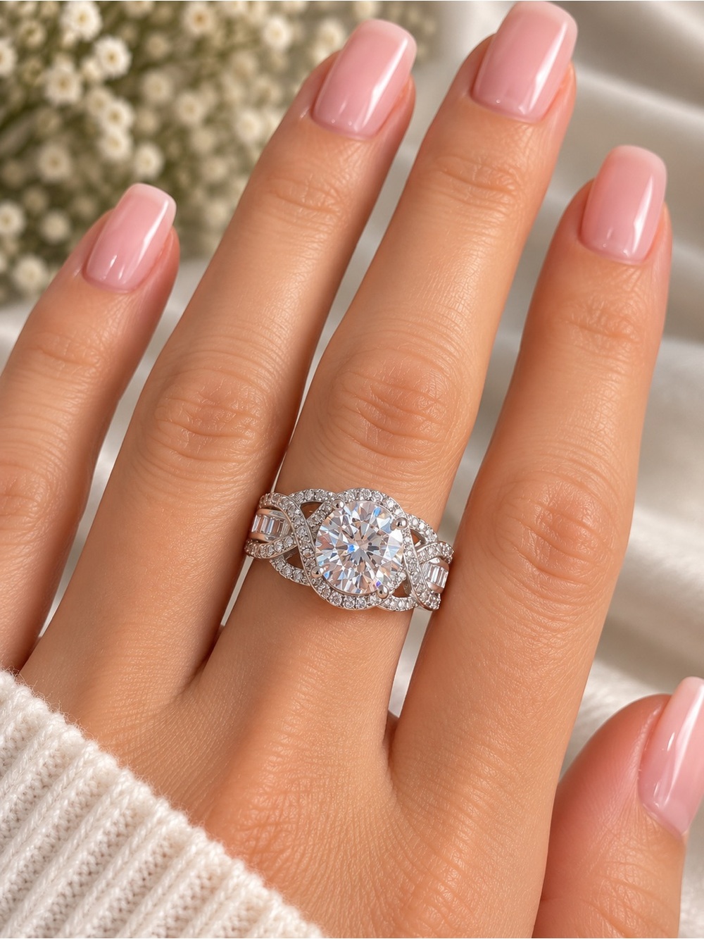 2CT Moissanite White Gold Plated Adjustable Ring